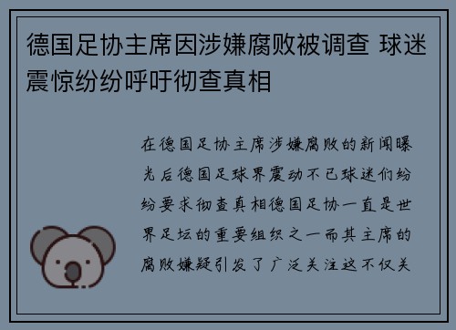德国足协主席因涉嫌腐败被调查 球迷震惊纷纷呼吁彻查真相